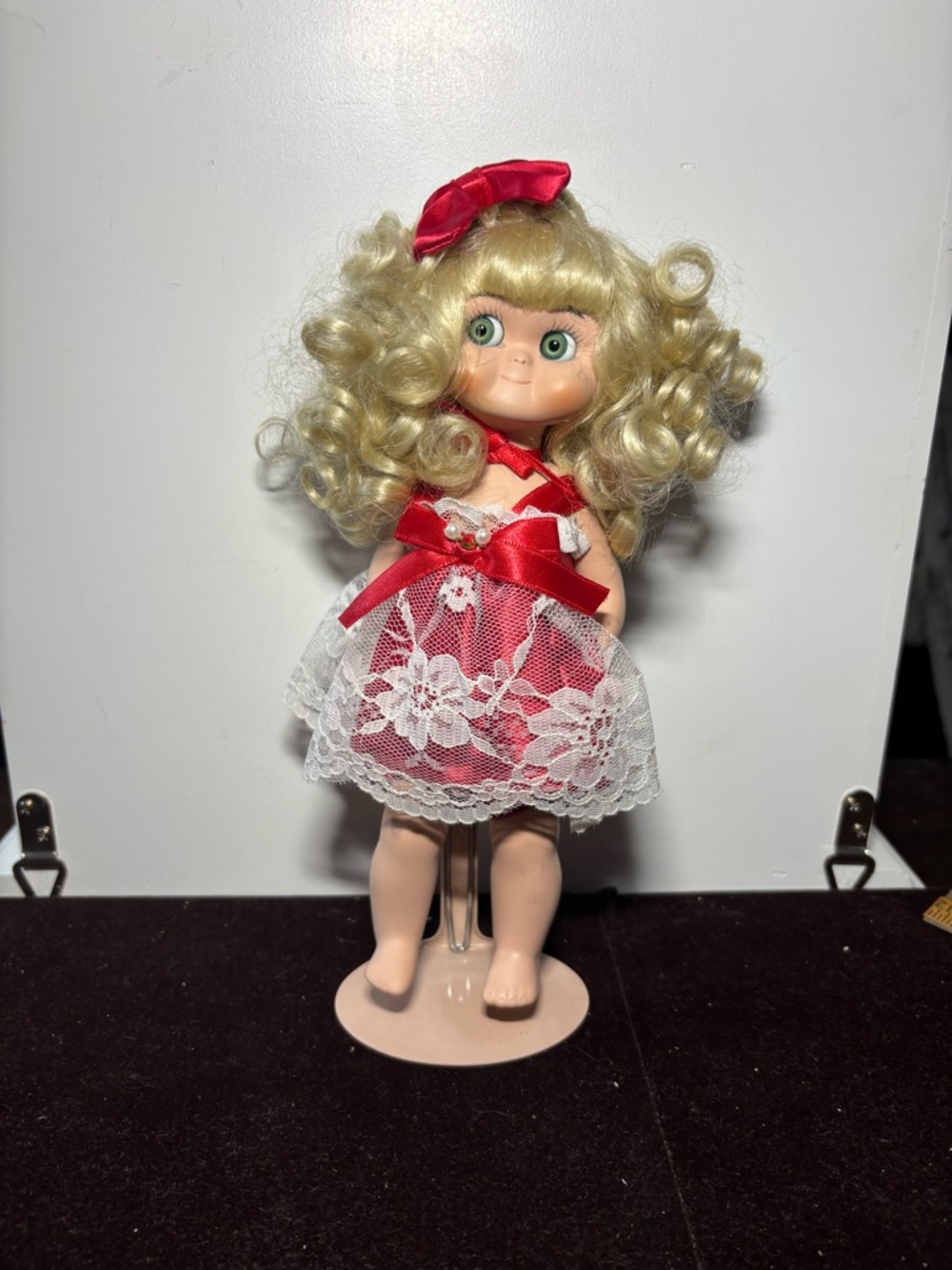 Blonde Curly-Hair Doll in Red & White Lace Dress